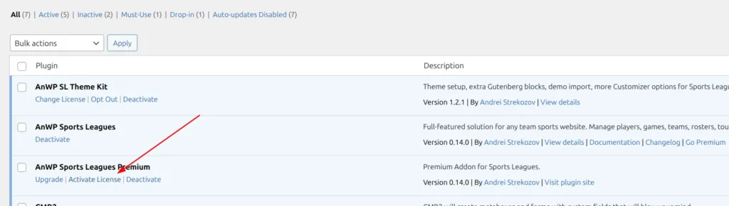 Plugins page showing AnWP Sports Leagues Premium and AnWP SL Kit both active