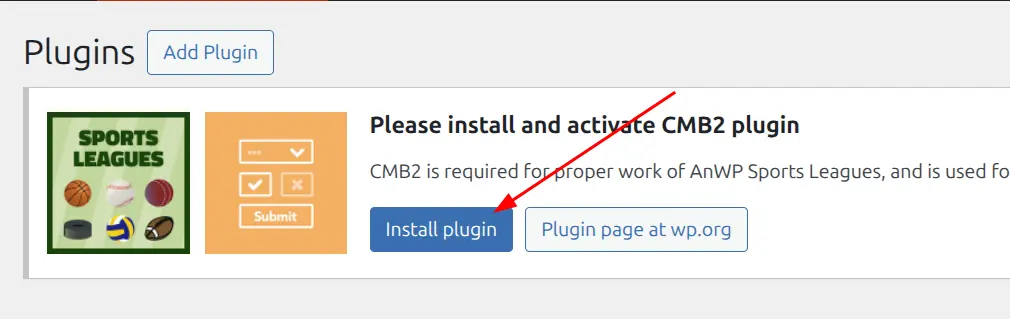 WordPress plugin search showing CMB2 plugin with Install Now button