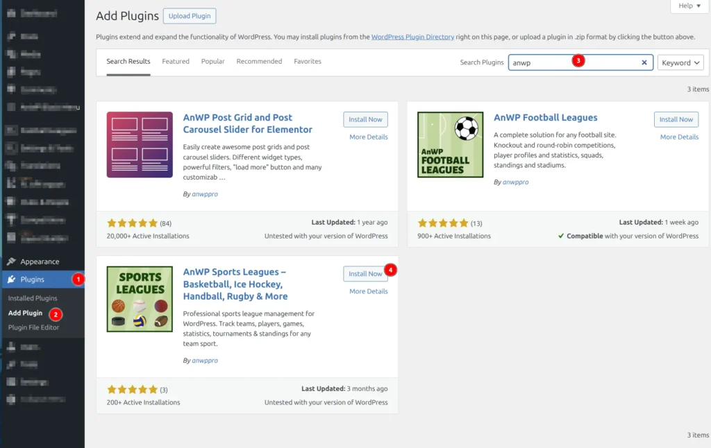 WordPress plugin search showing AnWP Sports Leagues plugin with Install Now button
