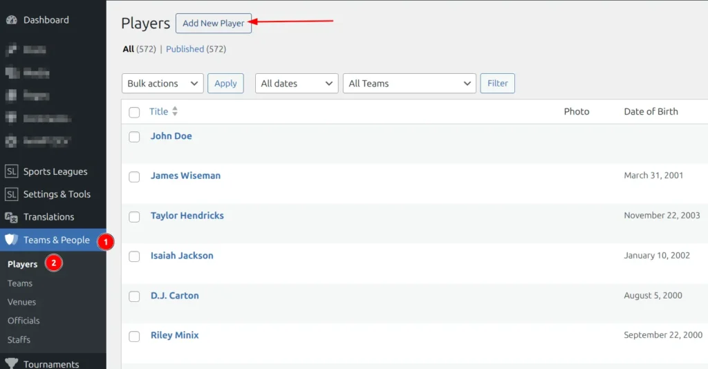 Add New Player form showing player name field and General tab with position and team fields