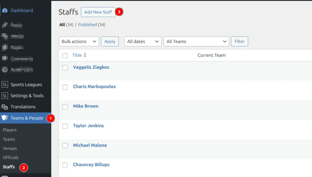 Add New Staff form showing name field and General tab with job title and team fields