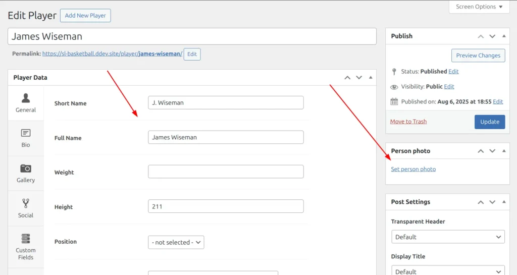 Player editor showing all tabs: General, Bio, Gallery, Social, Custom Fields, and Bottom Content