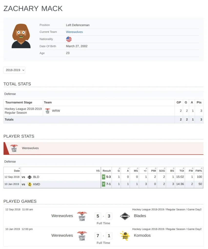 Player public page showing photo, personal info, statistics, and game history