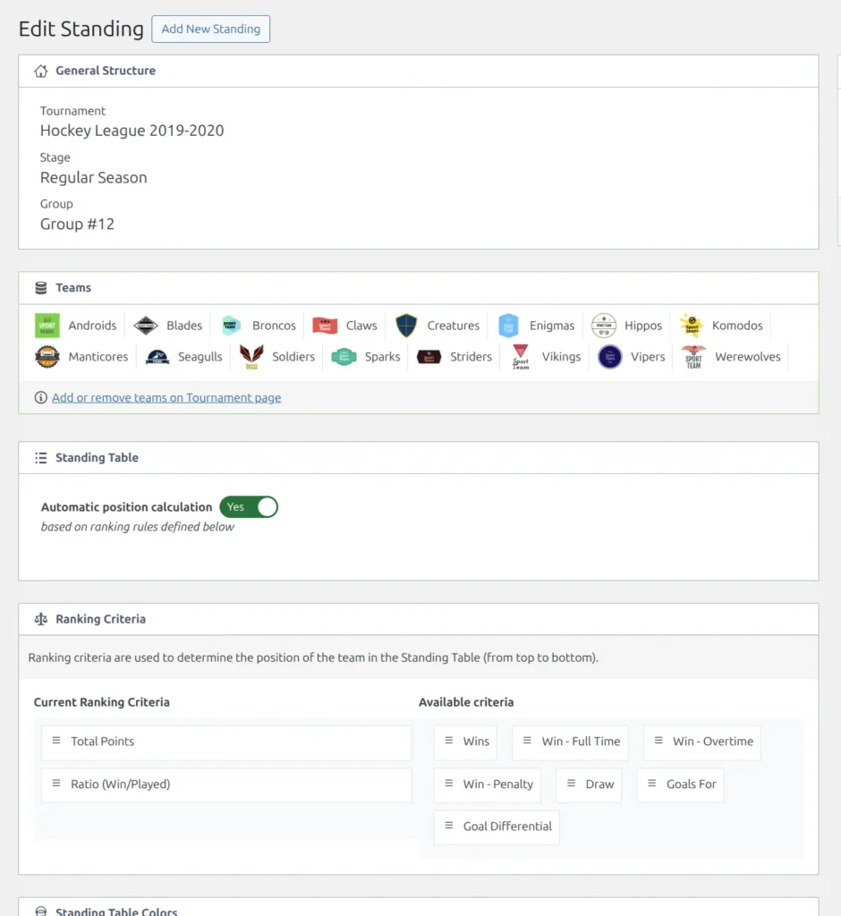 Standing editor showing structure info, teams list, ranking criteria with drag-drop ordering, and column configuration sections