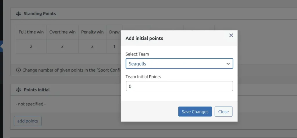 Initial points configuration showing team dropdown and points input field with -3 point deduction example