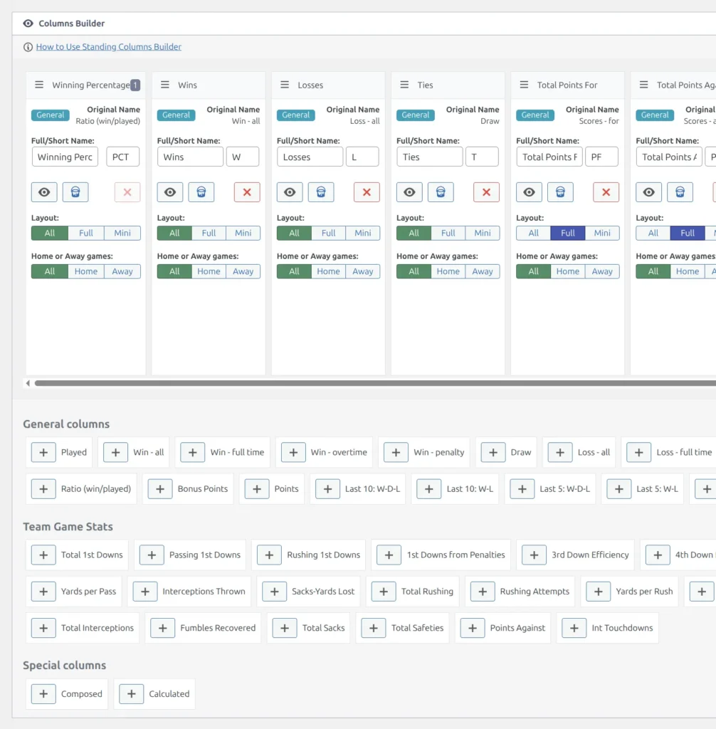 Advanced columns builder showing column types dropdown, configuration options, and column list with drag handles