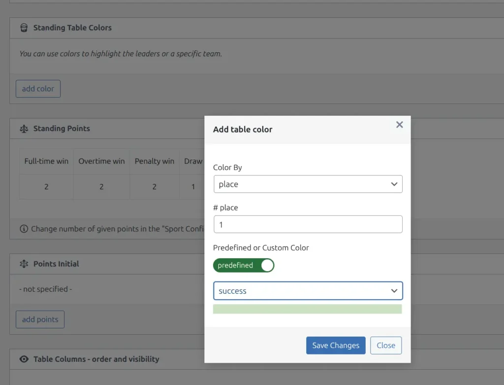 Position colors configuration interface with color picker and position selection