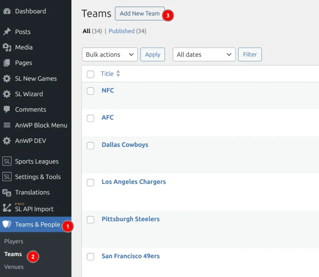 Teams list showing navigation path: Teams and People menu, Teams submenu, and Add New Team button