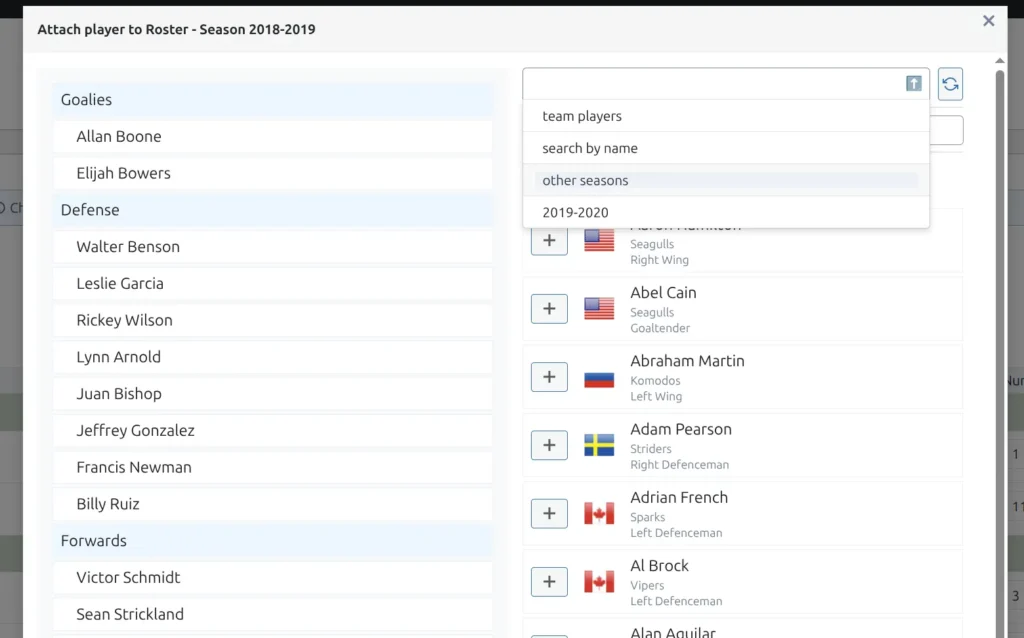 Attach player to Roster modal showing current roster on left with groups and available players on right with filter options for team players, search by name, and other seasons