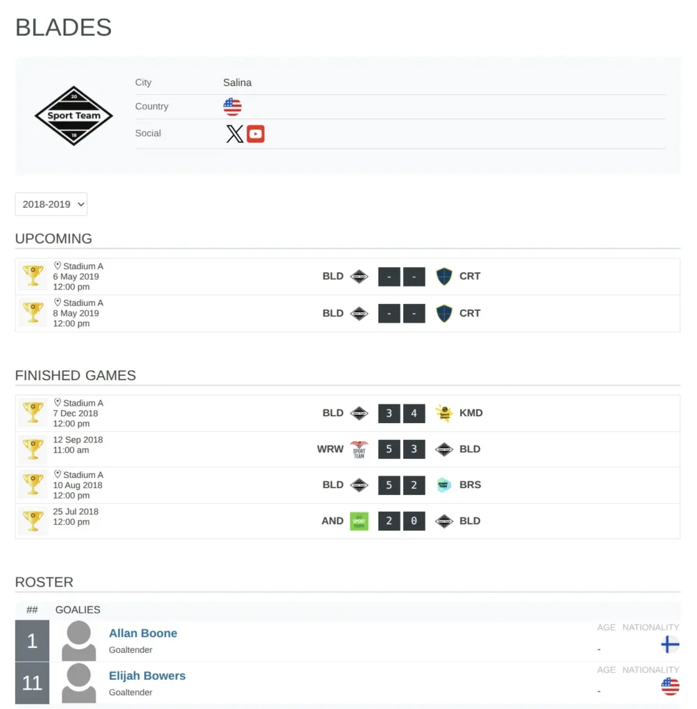 Team public page showing logo, city, country, social links, season selector, upcoming games, finished games, and roster by position groups