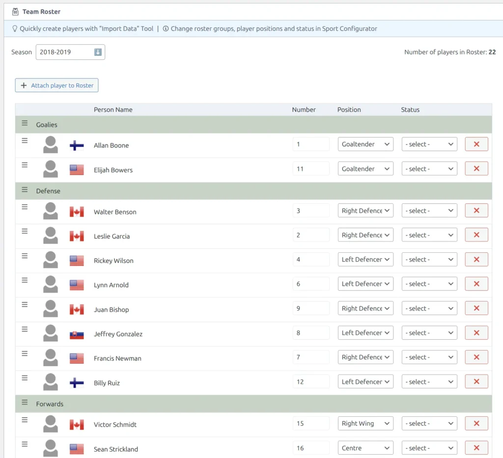 Team Roster interface showing season selector, player list organized by groups (Goalies, Defense, Forwards) with columns for photo, name, number, position, and status