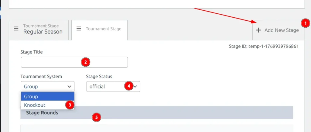 Stage settings showing title, tournament system dropdown, and stage status