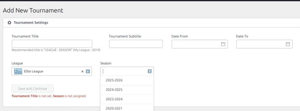 Tournament Settings form showing title, subtitle, dates, league and season fields