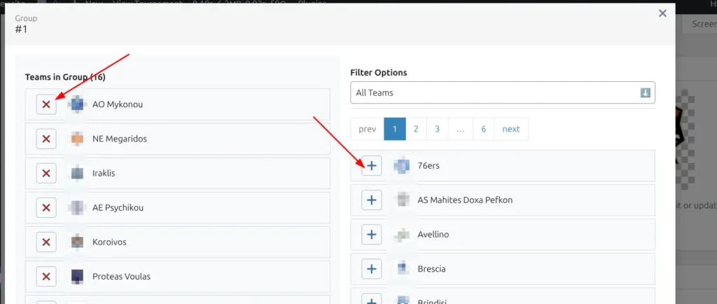 Add/Remove Teams modal showing teams in group on left and available teams on right with filter options