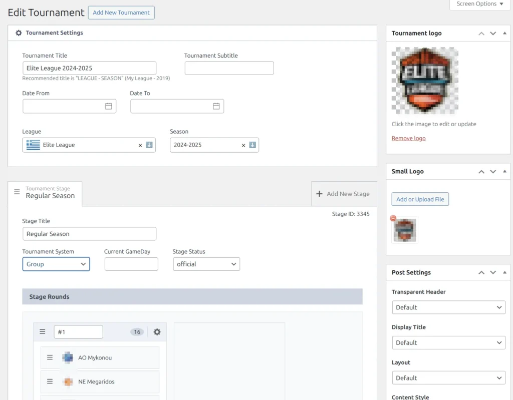 WordPress sidebar showing Tournament Logo, Featured Image, and custom fields
