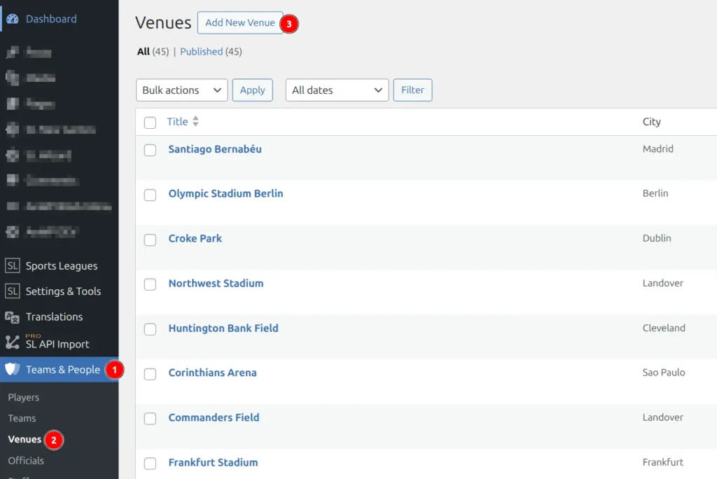 Venues list showing navigation path: Teams and People menu, Venues submenu, and Add New button