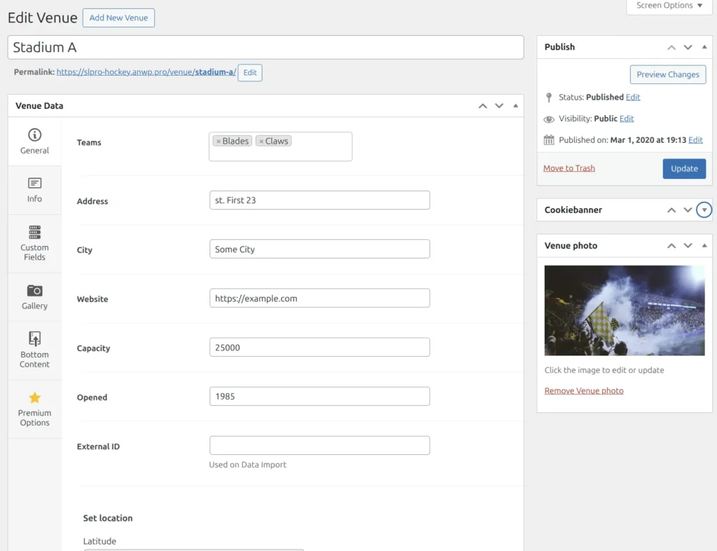Venue editor showing General tab with fields for teams, address, city, website, capacity, opened year, external ID, and map location