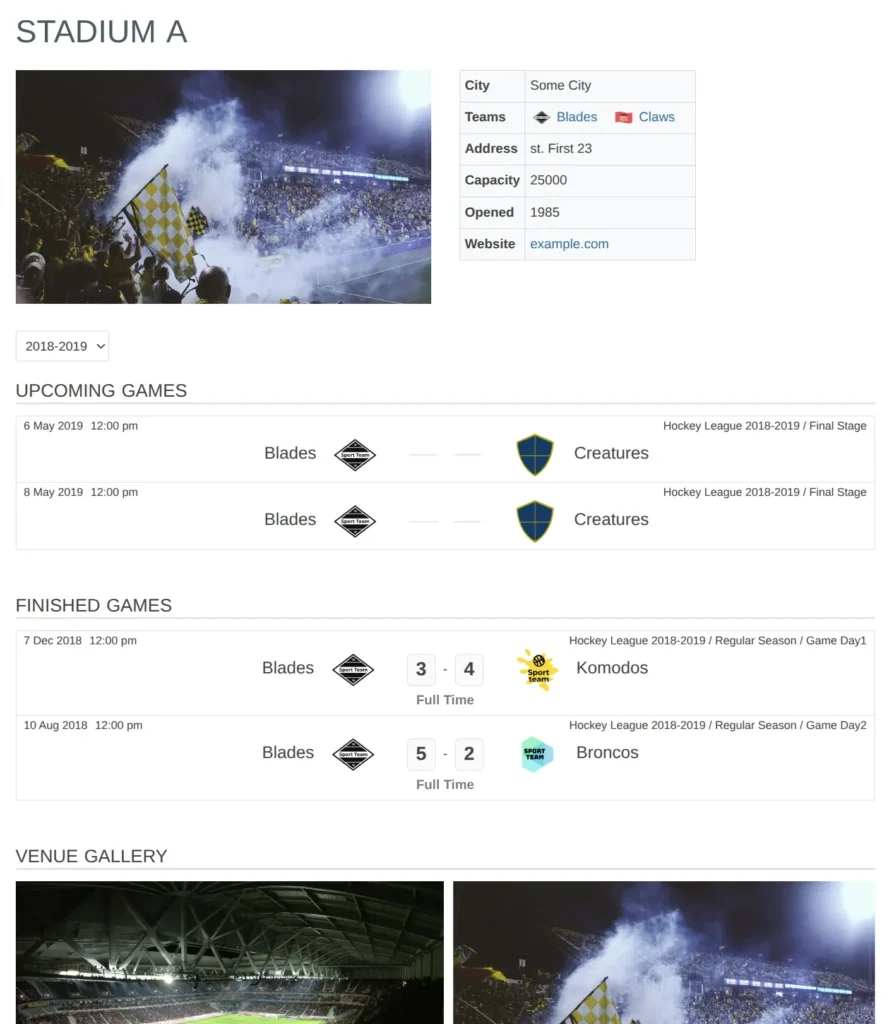 Venue public page showing venue photo, name, address, city, capacity, opening year, interactive map, home teams list, and description