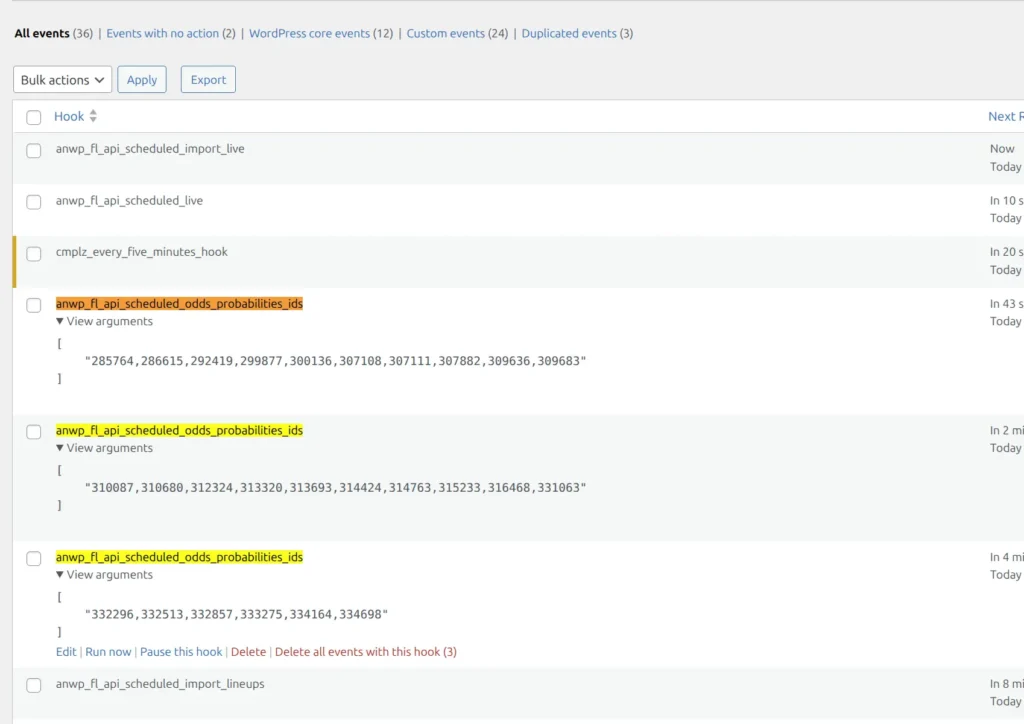 WP Crontrol showing three events with the same hook name but different match ID arguments