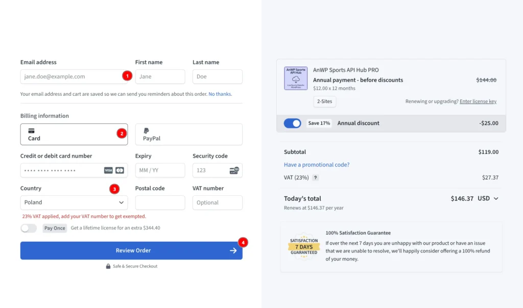 Freemius checkout form with billing details and plan summary