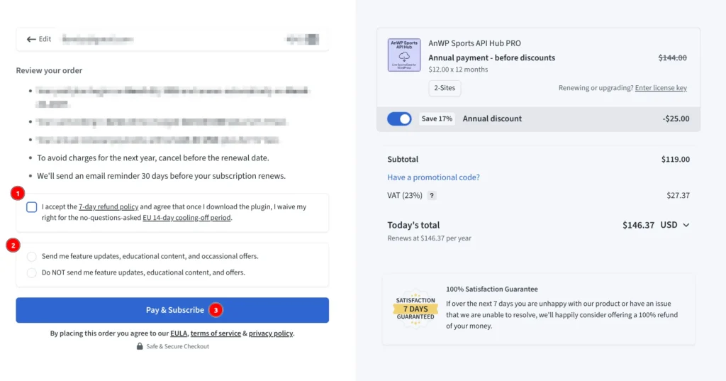 Review order page with Pay and Subscribe button