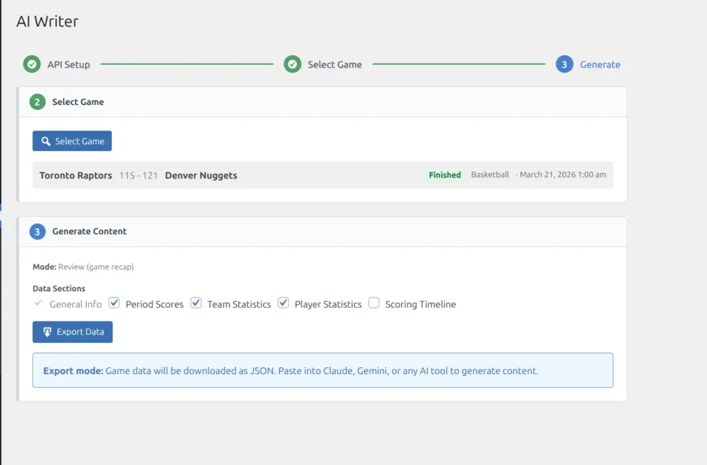 Review mode for a finished basketball game showing data sections and Export Data button
