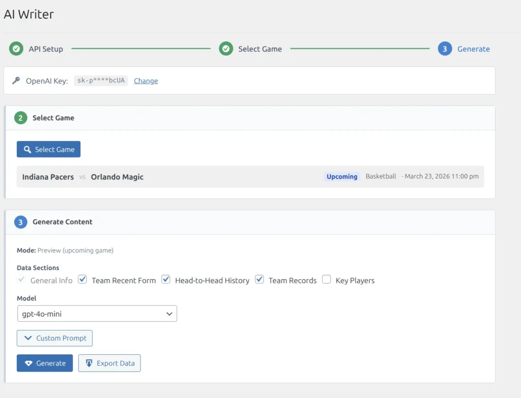 Step 3 Generate Content showing mode, data sections, model selector, Generate and Export Data buttons