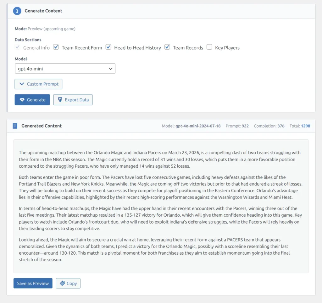 Generated content with model info, token usage, editable text area, and Save as Preview button
