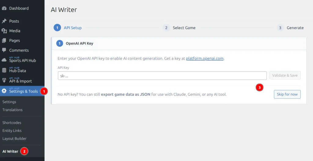 AI Writer page showing the 3-step wizard: API Setup, Select Game, Generate