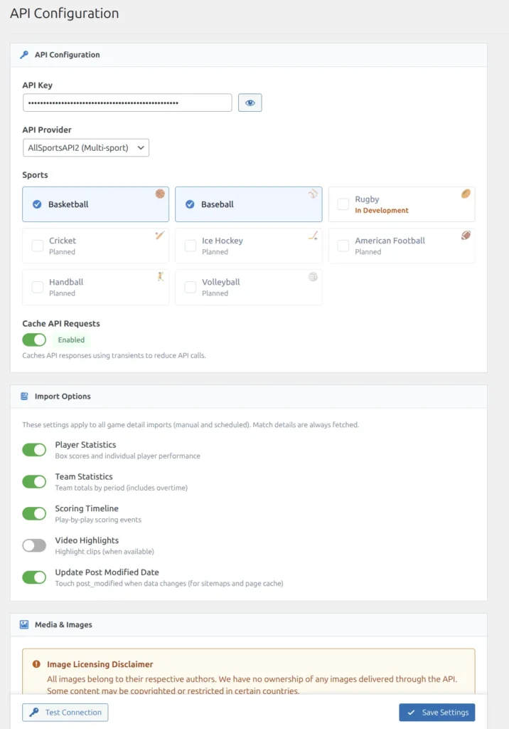 Full API Config page overview showing API Configuration, Import Options, and Media sections with Test Connection and Save buttons at bottom