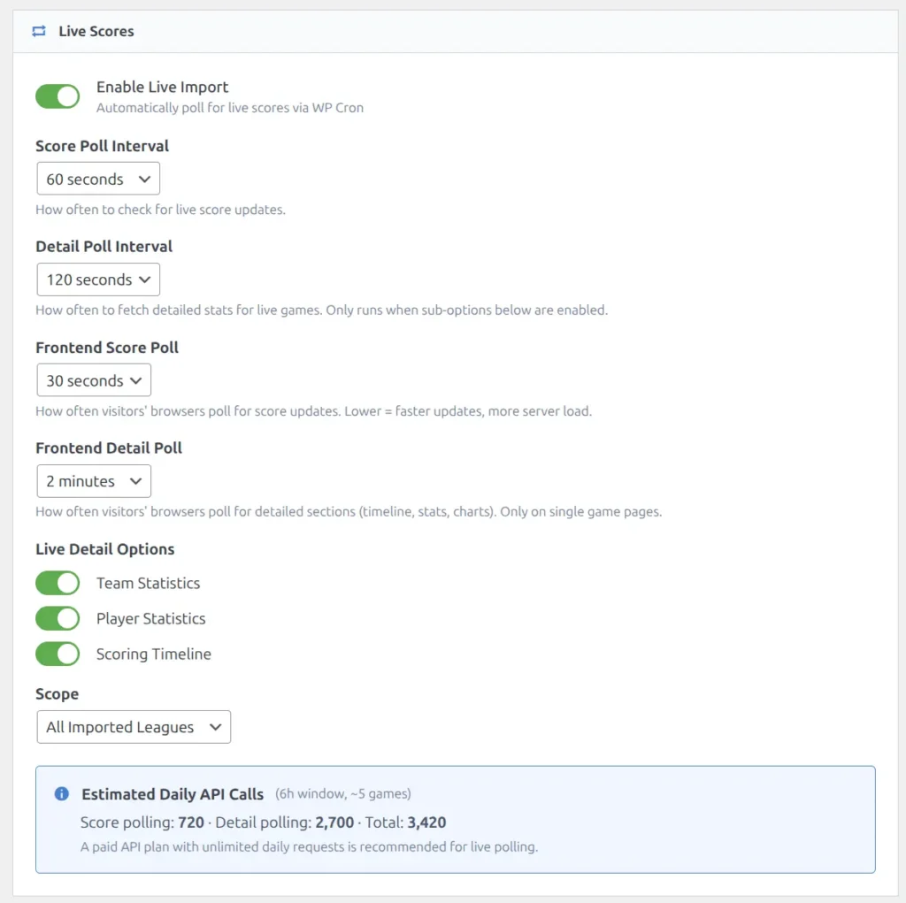 Live Scores section showing Enable toggle, backend and frontend poll intervals, Live Detail Options, Scope selector, and Estimated Daily API Calls info box