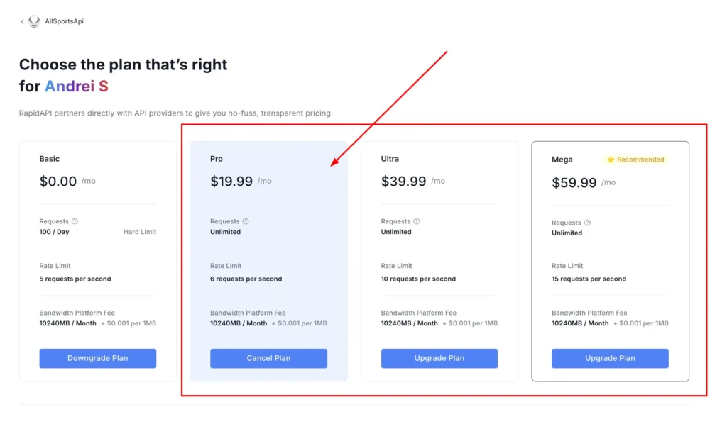 AllSportsAPI2 pricing page on RapidAPI showing the Pro plan with unlimited daily requests highlighted