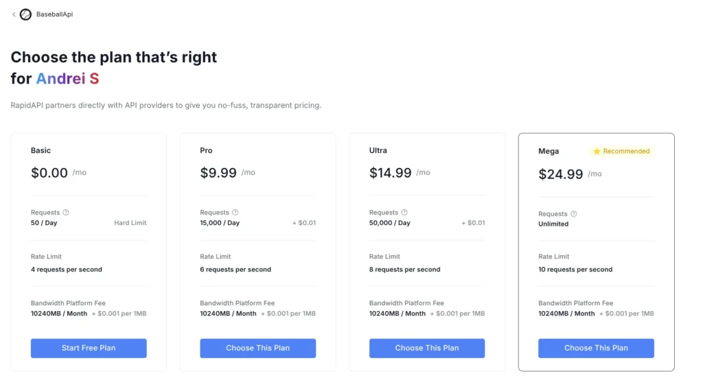 BaseballAPI pricing page on RapidAPI showing limited daily requests on lower-tier plans