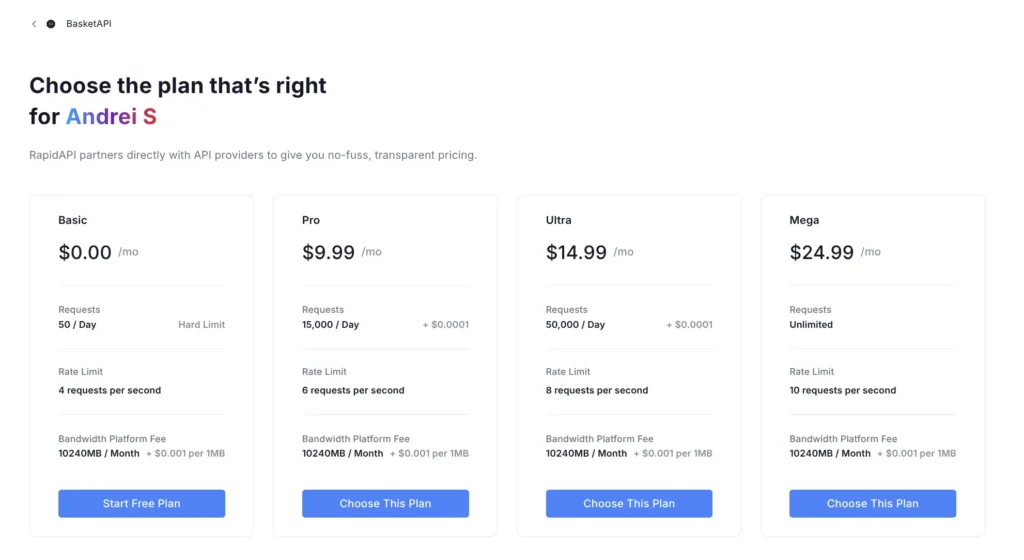 BasketAPI1 pricing page on RapidAPI showing limited daily requests on lower-tier plans