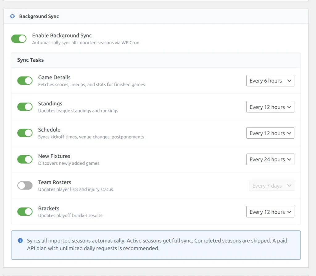 API Config page showing the Background Sync section with enable toggle and task grid with interval dropdowns