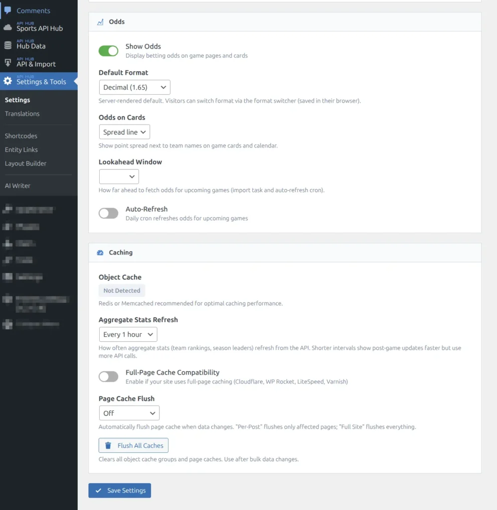 Plugin Settings Caching section showing Object Cache status, Aggregate Stats Refresh, Full-Page Cache Compatibility, Page Cache Flush, and Flush All Caches button