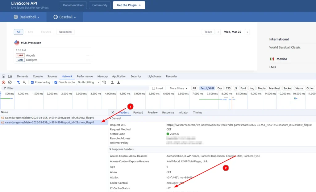 Browser DevTools Network tab showing Cf-Cache-Status HIT on the second REST API request