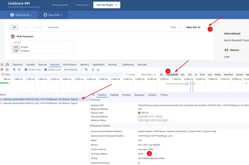 Browser DevTools Network tab showing Cf-Cache-Status MISS on the first REST API request