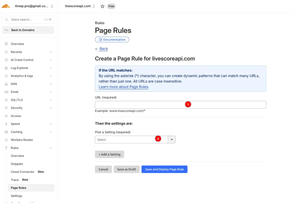 Page Rule creation form with URL field and settings dropdown