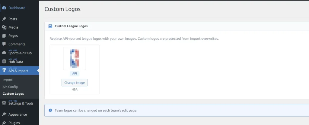 Custom Logos admin page showing a league logo grid with NBA logo, API badge, and Change Image button