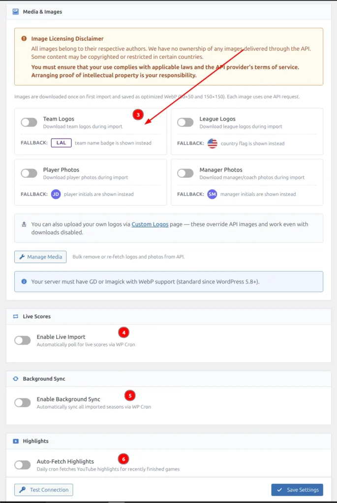 API Config Media and Images section showing toggle switches for Team Logos, League Logos, Player Photos, and Manager Photos with fallback examples