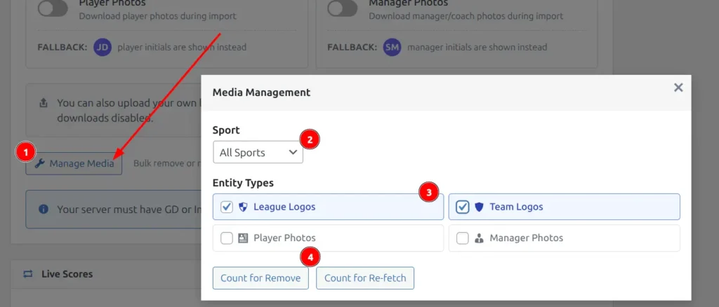 Media Management modal showing sport dropdown, entity type checkboxes for League Logos and Team Logos, and Count for Remove and Count for Re-fetch buttons