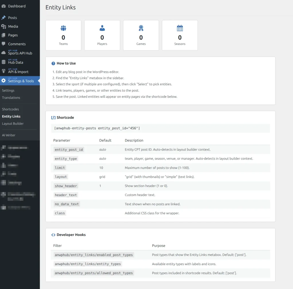 Entity Links dashboard showing link statistics, usage instructions, and shortcode reference