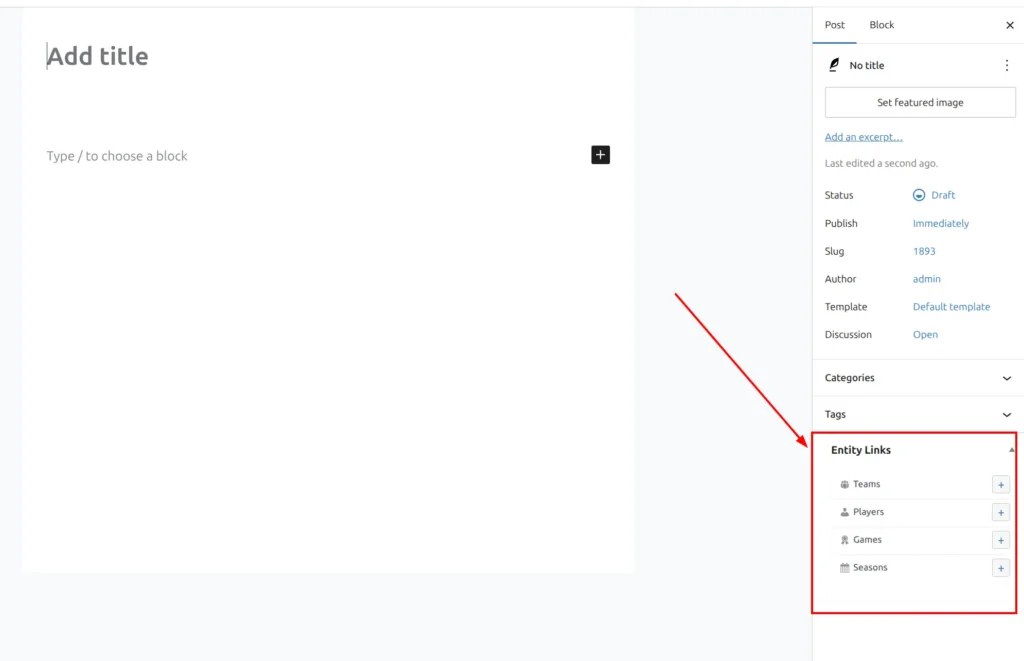 WordPress post editor with the API Hub Entity Links metabox in the sidebar, showing Teams, Players, Games, and Seasons rows with add buttons