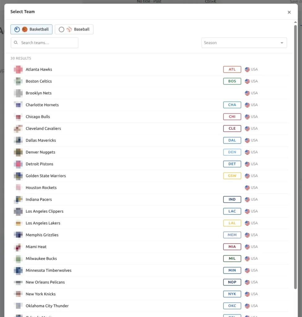 Entity selector modal showing NBA teams with sport tabs, search field, and team logos