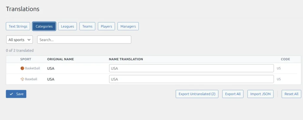 Categories tab showing country names with alpha-2 country codes