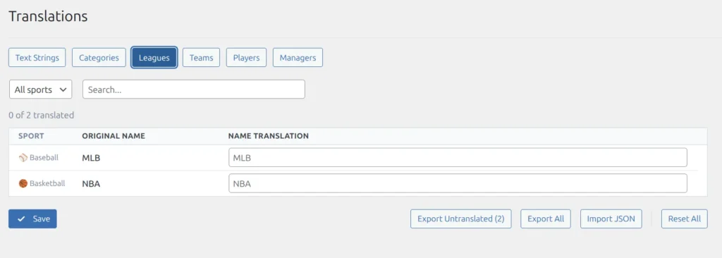 Leagues tab showing league names with sport emoji icons