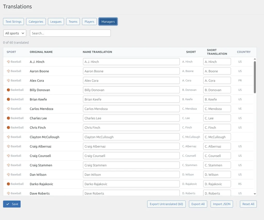 Managers tab showing manager names with country flags