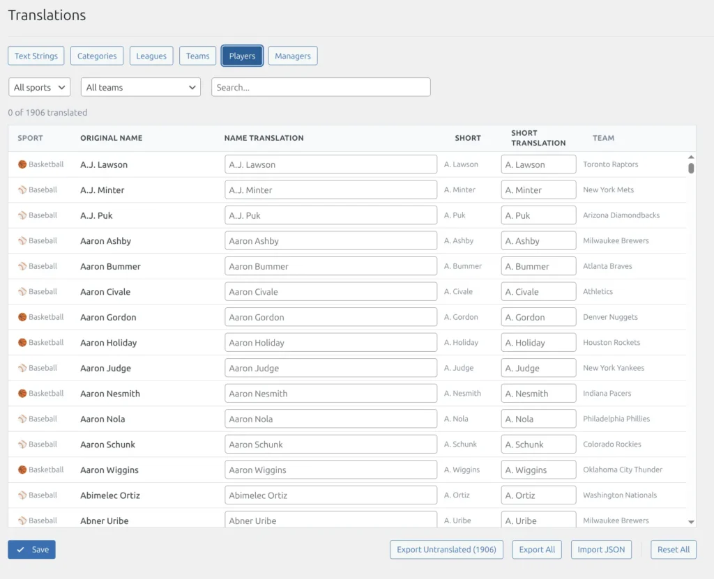 Players tab showing player names with team column and team filter dropdown