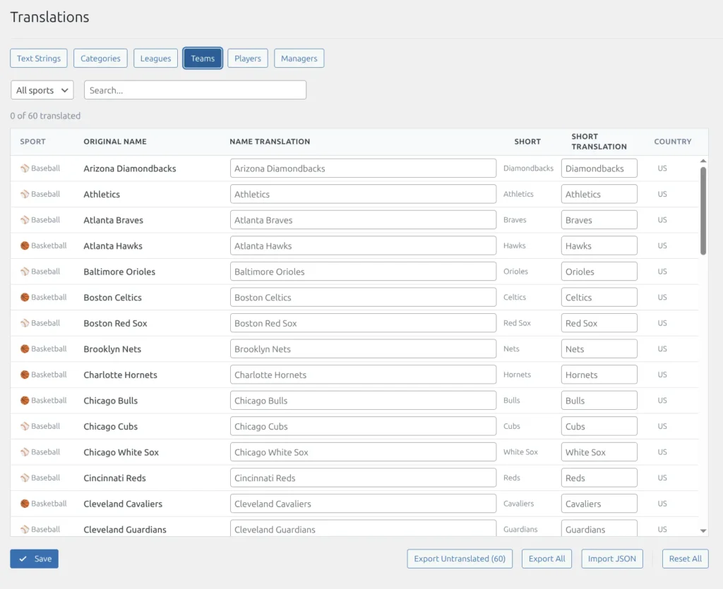 Teams tab showing sport filter, search, original name and translation columns